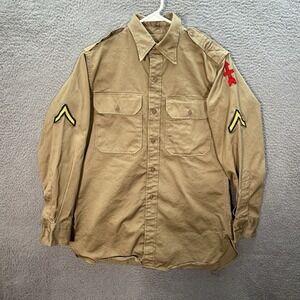 Vintage Military Shirt Adult 15x32 Khaki Cotton Stand Up Collar 1952 Korean War